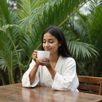 Woman enjoying a mindful morning tea ritual in a tropical wellness setting, wearing a robe and practicing calm presence surrounded by palm greenery.