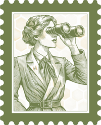 Vintage sketch of woman holding binoculars in her hand held up to her eyes