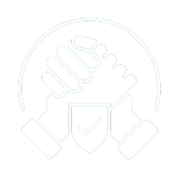 Simple icon of two people shaking hands and a checkmark.
