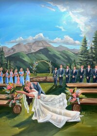Painting of bride and groom under arch