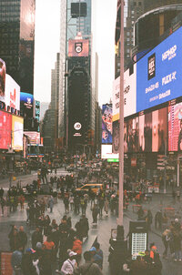 Photo captured on film in downtown New York City of Times Square. 