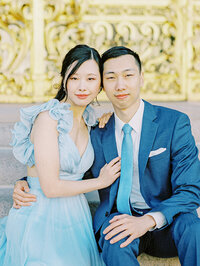 Bride and groom walk up memorial steps at their DC wedding