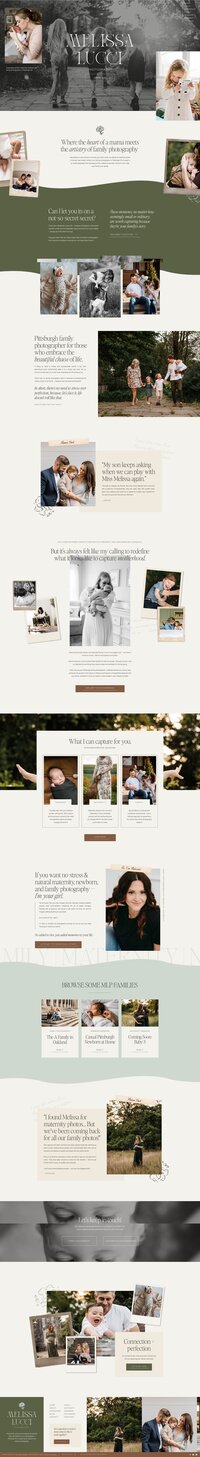 Family photography website featuring a gallery of wedding photos, service details, testimonials, photographer's bio, and contact information. The design includes a mix of greenery and pastel colors.