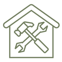 Icon of a house with hammer and wrench representing home renovation and construction work.