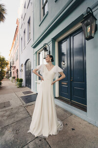 a-line illusion neckline wedding dress with pockets