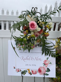 Elegant florals surrounding wedding welcome sign