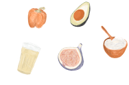 Custom illustrations of matcha, fig, avocado, yogurt, peppers, and avocado for Nuri brand