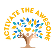 Activate the Awesome logo with words in yellow above a tree graphic. The trunk is formed by three  silhouettes of people with varying skin tones and arms raised. The leaves are yellow, teal, and blue surrounding a yellow heart in the center.
