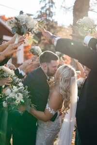 Bride and groom kiss surrounded by bridal party