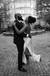 A couple laughs and dances during their session at Arthur Blank Foundation in Atlanta, GA