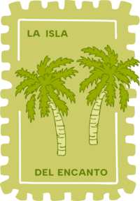  Stamp Illustration of two green palm trees with "La Isla Del Encanto". Vibrant and Bold Latina Web Designer