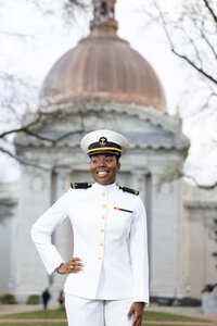 Beautiful Midshipman Photography with the Naval Academy chapel dome in Annapolis, Maryland.