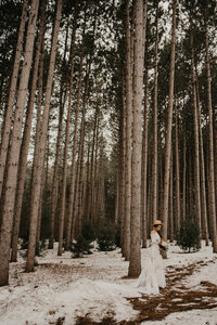 bride standing under trees with snow on the ground