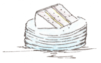 A hand drawn illustration of a stack of plates with a slice of cake on the top plate