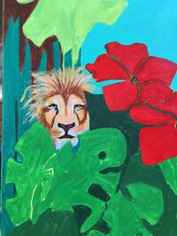 Close-up of a painting featuring flowers and a lion