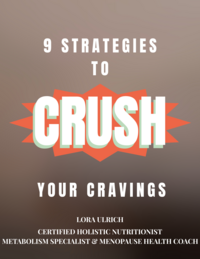 A woman eyeing a slice of cake with temptation, with the text 'CRUSH YOUR CRAVINGS' and '9 Strategies to crush your cravings' above