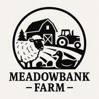 Black and white circular logo showing a sheep, duck, barn, and tractor with the text “Meadowbank Farm.”