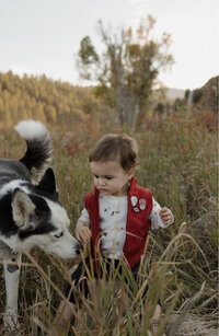 A toddler boy walking with his dog in a grass field.