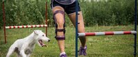 A woman wearing a knee brace running in the park alongside her dog.