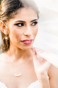 bride looking out under veil on wedding day