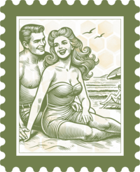 Vintage sketch of honeymoon couple on the beach - postage stamp style
