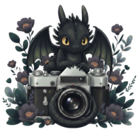 Alabaster brand mark of a baby dragon sitting on a camera with dark purple and blue florals