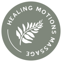 Fern illustration surrounded by the words "Healing Motions Massage"