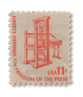 Vintage postage stamp of an orange printing press