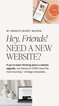 Advertisement promoting website templates by TONIC, featuring a laptop with a displayed template, a smartphone, and decorative items. Text reads "Need a new website?" and offers strategic web design templates to elevate your brand identity. Inspired by Sweet Pea Ink Creative.