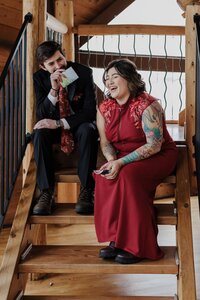 Wedding and Elopement Photography, bride and groom laughs during private vow exchange at wedding day Airbnb.