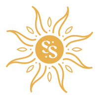 Simple icon of a sun with initials S.S..