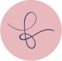 Dusty pink circle with a navy script "F" in center