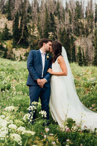 bride and groom kissing in grass field