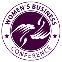 Purple logo with the text "Women's Business Conference" and an illustration of two hands reaching out for eachother.