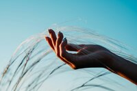 close up of woman's open hand palm up with flowing grasses in the background
