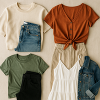 Flat lay of four casual outfit combinations arranged on a neutral background, representing wardrobe options for a multi-look photography session.