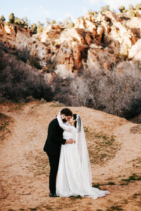 Bride and Groom eloping in Arches National Park in a wedding dress and black suit with a wedding arch.