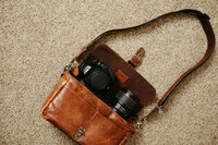 Camera and lens inside photography gear bag