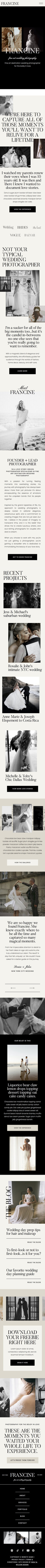 A long-scroll mobile view of a Showit template for wedding photographers, featuring a clean and elegant design with large black and white photography sections, bold headlines, and minimalistic text. The template emphasizes visual storytelling with a focus on capturing the romantic and timeless moments of weddings, perfect for professional wedding photographers looking to showcase their portfolio with style and sophistication made by Bayou Brand House.