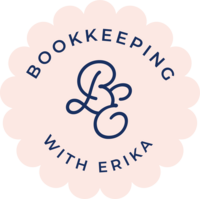 Playful logo with a scalloped edge circular background, the initials "BE" in a script font and "Bookkeeping with Erika" in a modern font