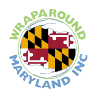 Maryland flag symbol with hands and words Wraparound Maryland Inc forming a circle around it
