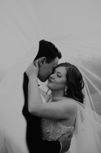 Bride and groom embracing with bride's veil surrounding them