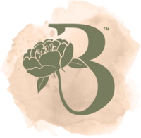 A submark logo of a green letter 'B' with the tail end of it making up a peony flower head on top of a tan watercolor blob.
