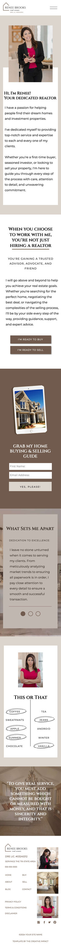 Renee Brooks realtor quote section of home page screenshot mobile mockup on cell phone
