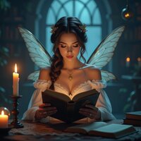 Fairy woman reading a book beside a candle in an old library at night
