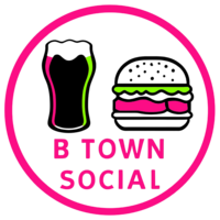 b town social logo with burger and a pint on it in white