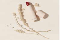 Minimalist flat lay of a red lipstick with dried floral accents on a soft beige background, styled by Ylva Erevall.