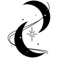 Two crescent moons facing each other with stars and swirls in the middle