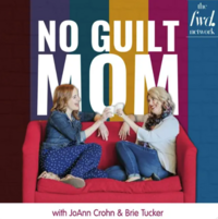 no guilt mom podcast cover two moms sitting on the couch