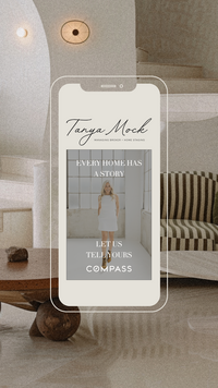 A smartphone displays a website for "Tanya Mock Real Estate" featuring brand design by Sweet Pea Ink Creative and a logo alongside a photo of a neutral modern home interior.
